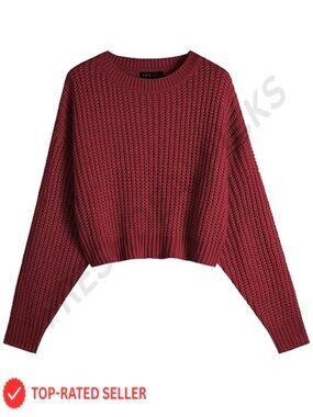 Ckikiou Batwing Cropped Sweater Crew Neck Ribbed Knit Women's